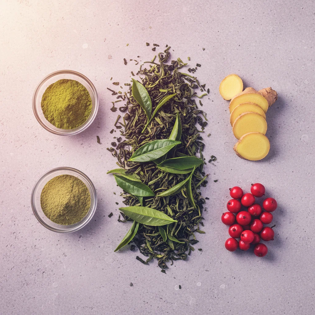 Plat liggende botanische ingrediënten: groene thee, gember, guarana-bessen op een lichte stenen ondergrond