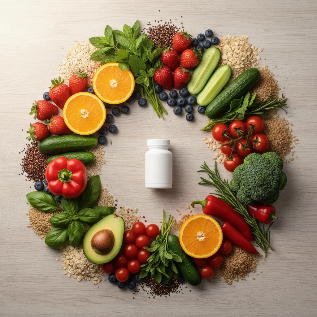 Bovenaanzicht van verse groenten, fruit en een supplement flacon - symbool voor een gezonde leefstijl