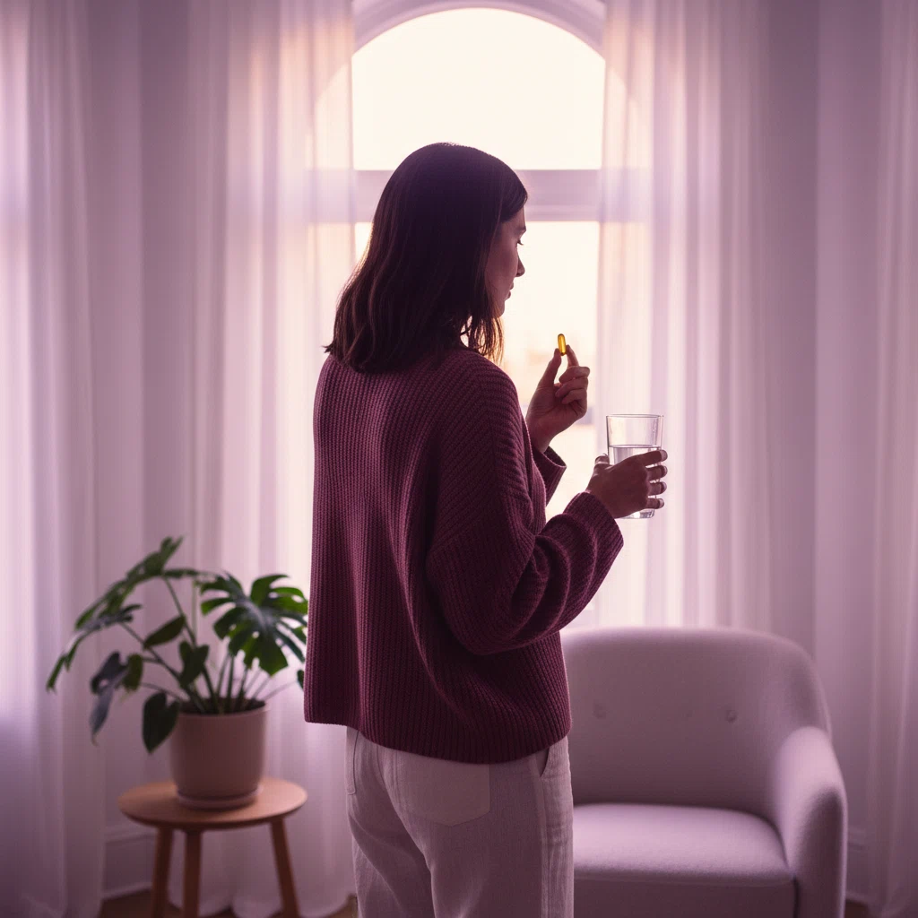 Anonieme vrouw bij een raam met een glas water en een capsule - dagelijkse leefstijlroutine